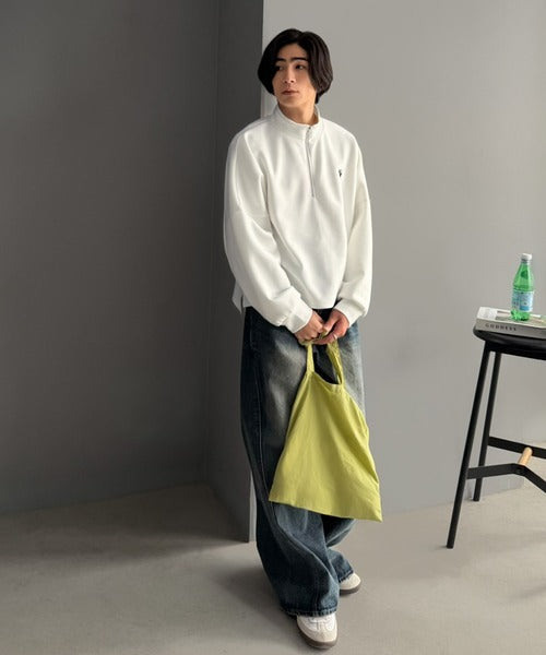 胸刺繍ダンボール素材オーバーサイズショート丈ドルマンスリーブハーフジッププルオーバー（長袖）／Chest Embroidered Double-Knit Oversized Cropped Dolman Sleeve Half-Zip Pullover co1010072