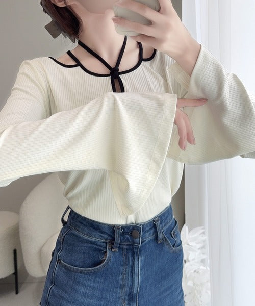 【mily bilet】程よい肌見せで女性らしく。チョーカー使いパイピング配色袖フレアカットソー mi1249001