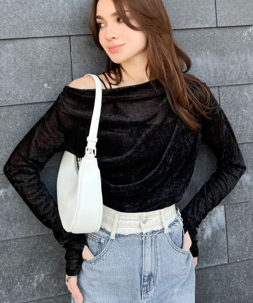 【mily bilet】一歩先のオシャレにアップデート！クラッシュベロアワンオフショルドレーププルオーバー（サムホール付き） mi1269007