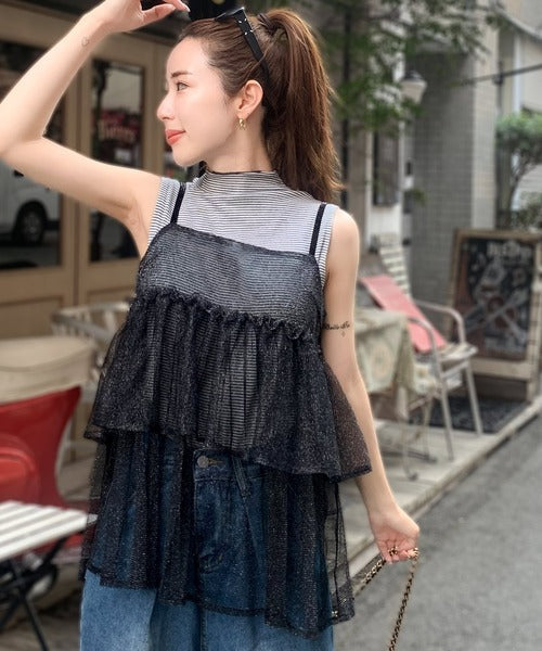 【mily bilet】大人の華やぎレイヤードアイテム。ラメチュールティアードキャミソール mi1149058
