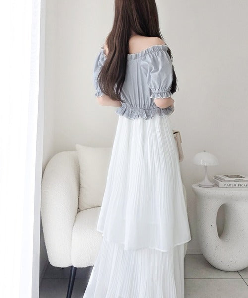 【mily bilet】1枚2役♪レイヤード風の着こなしが完成。2Wayパフスリーブブラウス×プリーツスカートドッキングワンピース (ロング丈) mi1139109