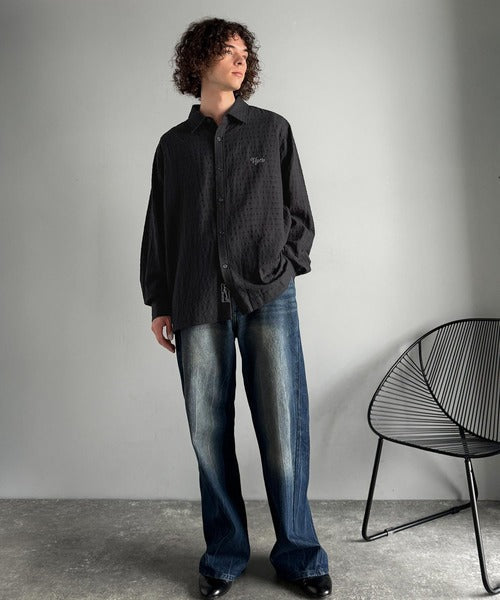 【Classical Origin】「凹凸感の存在感。」綿100％胸元刺繍入りドビー織シャツ（長袖）／Dobby Weave  Embroidered Shirt co1320003