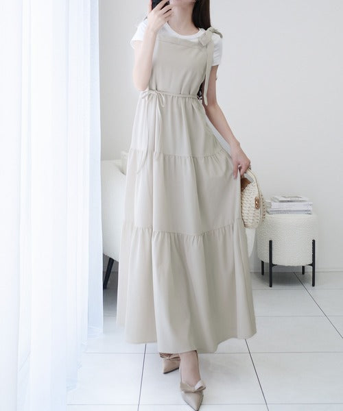 【mily bilet】上品な大人の甘さ惹き立てる、麻ライクなリボン使いキャミティアードワンピース（ロング） mi0789008