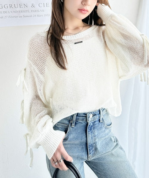 【mily bilet】大人のきらめき。プレートデザイン透かし編み袖リボンラメニット(ワンオフショル2way) mi1259009
