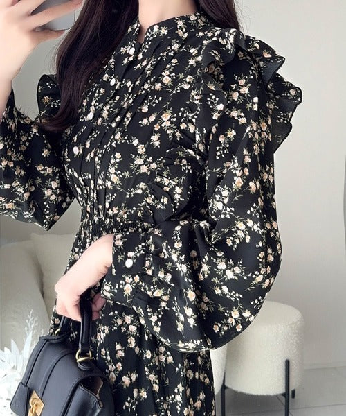 【mily bilet】大人フェミニン。レトロ花柄ピンタックフリルワンピース mi1139051