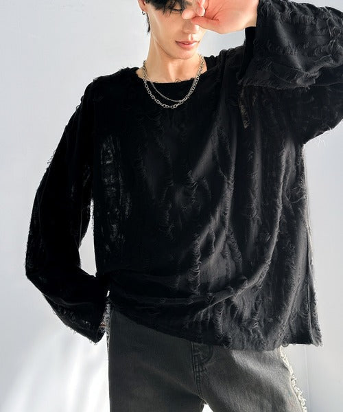 グランジを楽しむ旬スタイル。ダメージ加工ビッグシルエットジャカードカットソーTシャツ（長袖） cm1010420