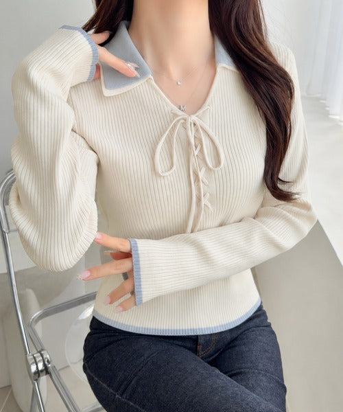 【mily bilet】大人可愛いは、引き算しない。ダブル襟配色レースアップリボンニットトップス（長袖） mi1359090