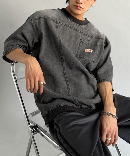 《JaVaジャバコラボ》綿100％ヴィンテージ加工アウターデニムTシャツ jo1010007