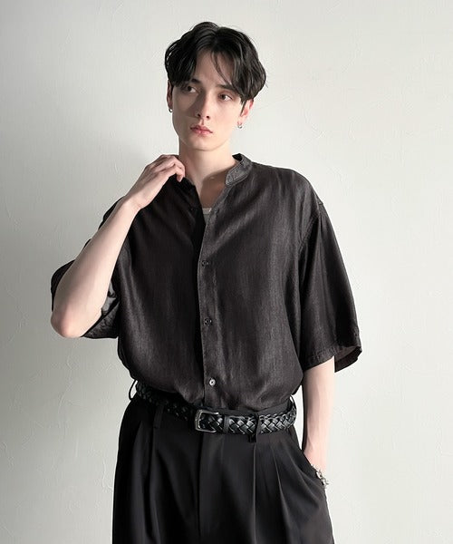 Rayon Denim Band Collar Relaxed Shirt／ヴィンテージ加工ルーズフィットデニムシャツ co1150011