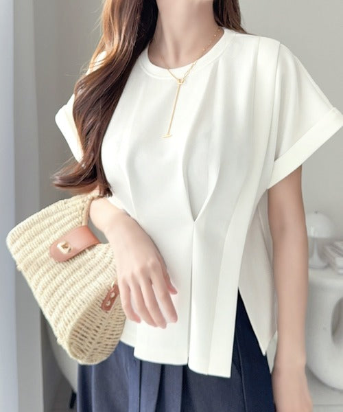 【mily bilet】ウエストラインを細魅せ♪スリット入りタックデザインカットソートップス（半袖） mi1329074