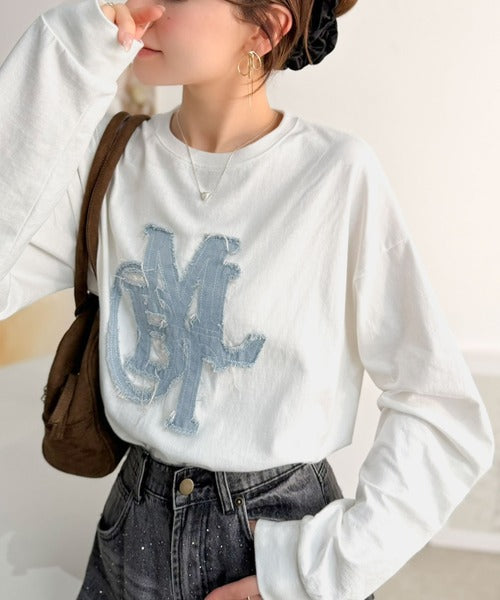 【mily bilet】"秋もこの子と一緒♪"ヴィンテージライクな存在感。ドットデニムフリンジワッペン使いロンT(長袖) mi1329133