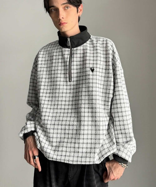 【Classical Origin】「上品カジュアル」。裾ドロスト付きツイード素材ハーフジッププルオーバー（長袖）/Tweed Fabric Drawcord Half-Zip Pullover co1010032