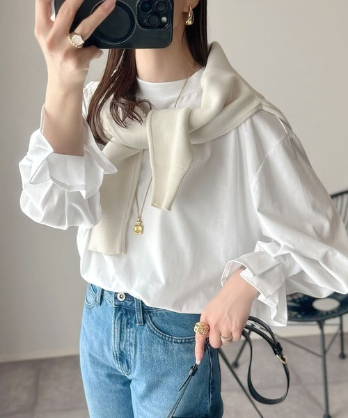 ひとさじの甘さ。微光沢仕立て、シルケット加工ハイネックキャンディスリーブTシャツ（長袖） ce1020306
