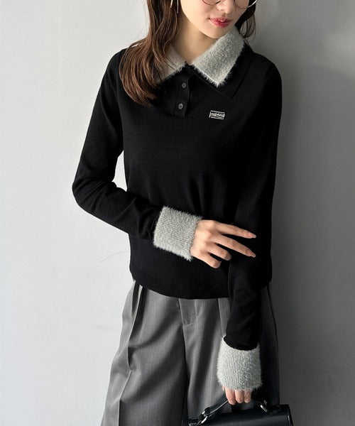 【mily bilet】上品とカジュアルを叶える、大人コーデが即完成。ファー使いダブル襟ロゴプレートニットポロ(長袖) mi1029150