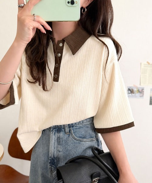 大人の配色で、オフィスにも着やすい♪着回し抜群の ランダムリブ 配色ポロトップス(半袖) ce1010636