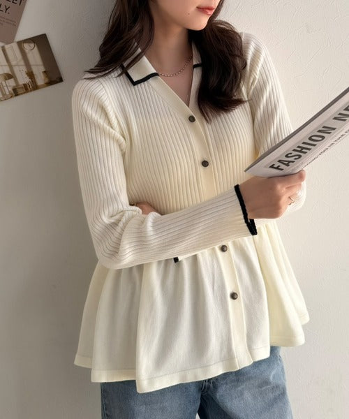大人可愛いの大本命。 くびれ魅せが叶う。襟付きVネック配色ペプラムニット ce1260630