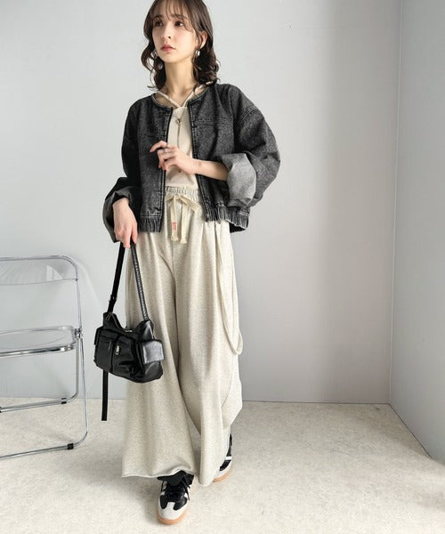 首元すっきり、大人スタイリッシュ。綿100%ダブルジップノーカラー短丈デニムジャケット(ショート丈) ce1010371