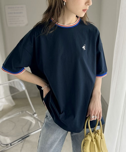 《JaVa ジャバコラボ》大人スポーティー。綿100%シルケット 配色刺繍Tシャツ jv1050074
