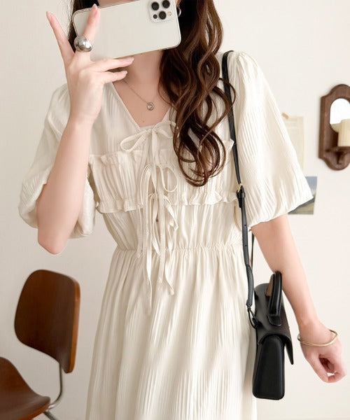 【mily bilet】1枚で華やぐ♪揺れ感シアーフリルリボンプリーツロングワンピース mi1019134