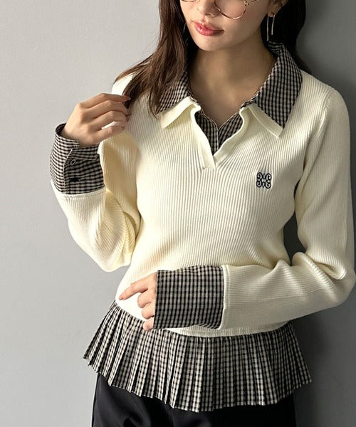 【mily bilet】ニット×チェックプリーツで叶える！旬のレイヤードスタイル♪異素材切り替えニットプルオーバー mi1139095