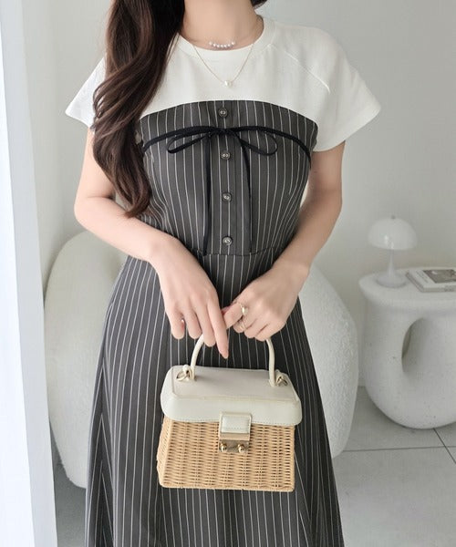 【mily bilet】こなれ感抜群の最旬レイヤード。Tシャツレイヤード風 ストライプドッキング フレアワンピース (ロング丈) mi1019129