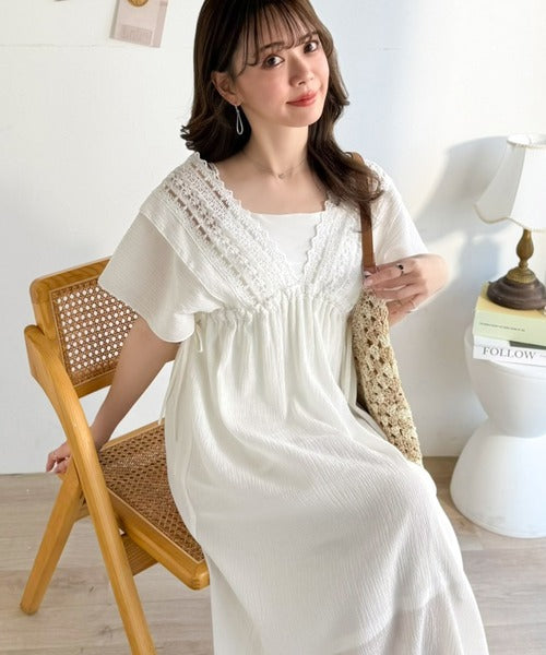 【mily bilet】甘さを抑えて上品に華やぐ。ナチュラルムードな レース使い楊柳フレアワンピース mi1019130