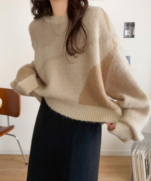 【mily bilet】きゅんモテニット♪柔らかな配色を、ふんわり軽やかに。ニュアンス柄短丈ニットプルオーバー mi1029208