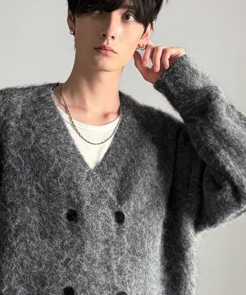 【Classical Origin】「アートな1着。」ミックスシャギー素材ダブルテーラードニットカーディガン／Mixed Shaggy Double-Tailored Knit Cardigan co0780011