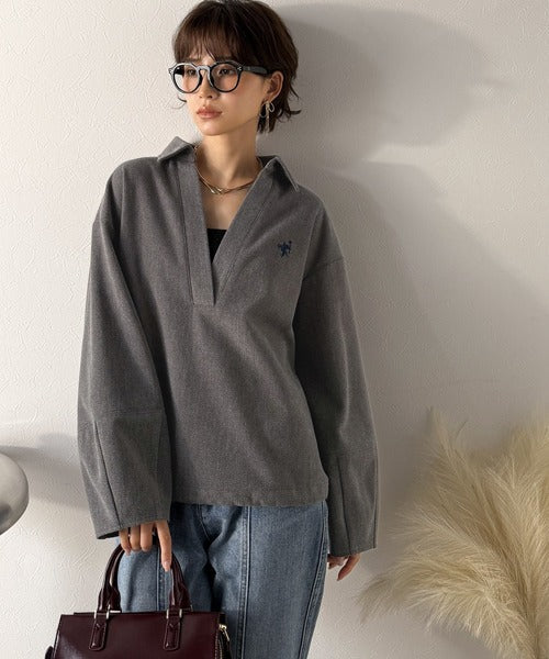 【Classical Evon】優しい温もり、上品見え。圧縮ニット襟付きキーネックプルオーバー ev1110143