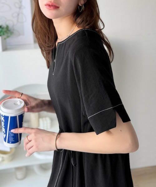 【接触冷感・吸水速乾・UVカット・防シワ機能付き】愛らしさも上品さもわたしのもの。キーネックリボンティアードワンピース ce1265042
