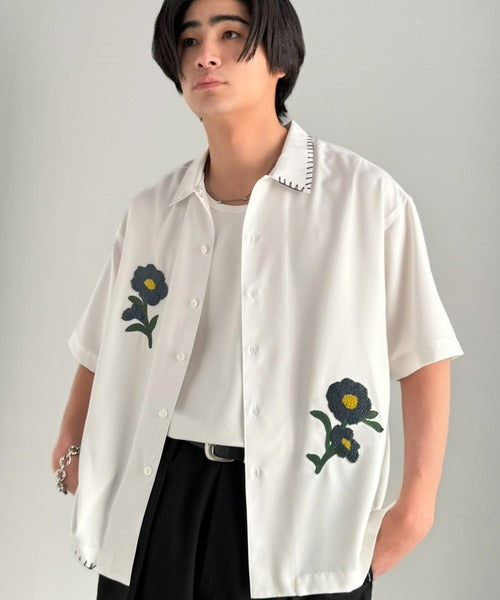 【接触冷感機能付き】サガラ刺繍フラワーステッチシャツ／Cool-Touch Fabric Sagara Embroidered Flower Stitch Shirt (半袖) co1320019