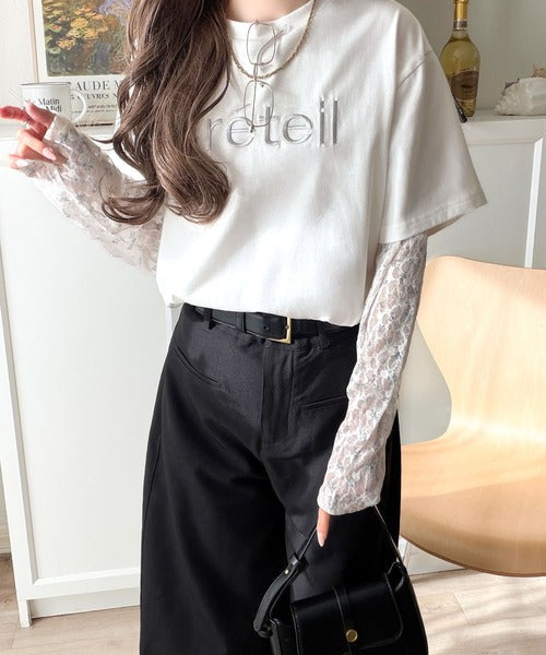 レースでカジュアルの中に女性らしさをプラス!レイヤード風レース袖ドッキングTシャツ（レース柄アソート） ce1010561