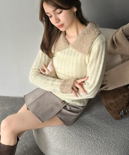 【mily bilet】可愛さ、ふわり2倍増し◎配色ファー衿リブニットプルオーバー（長袖） mi1029145