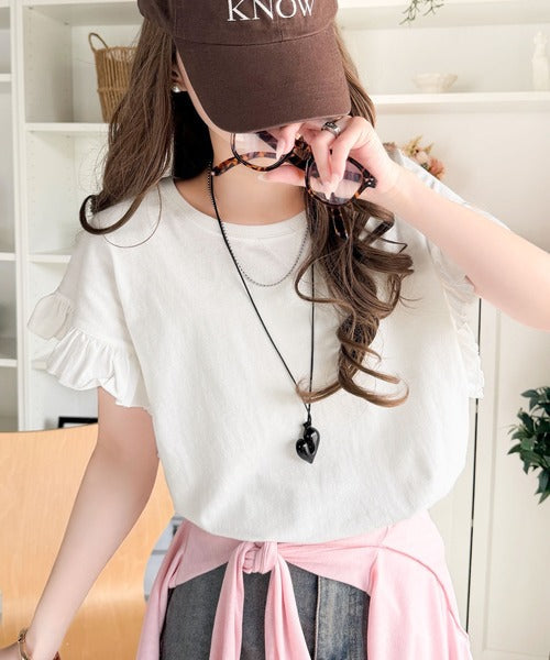 《JaVaジャバコラボ》着るだけで主役級。綿100％バック箔プリント袖フリルTシャツ（半袖） jv1330104