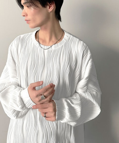 ゆるさとスタイリッシュを両立。オーバーサイズウェーブ柄ジャガード長袖Ｔシャツ cm1010428
