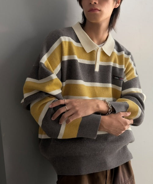 《JaVaジャバコラボ》1枚で洗練された大人の余裕を演出。配色ボーダー柄ポロ襟スウェットライクニット（長袖） jo1250006