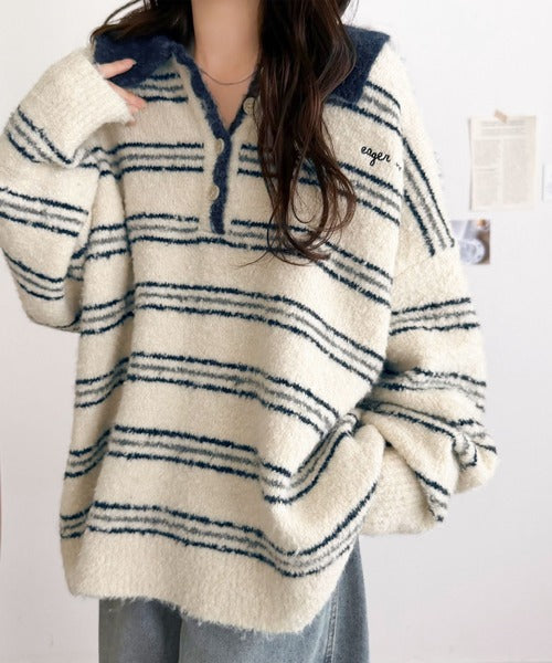 メンズライクに女子っぽさを。胸刺繍ブークレ配色ボーダーニットポロ（長袖） ce1240142