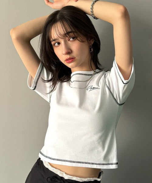 1枚で今っぽデザイン♪PAEAN刺繍配色ステッチチビTシャツ（半袖） ce1020200
