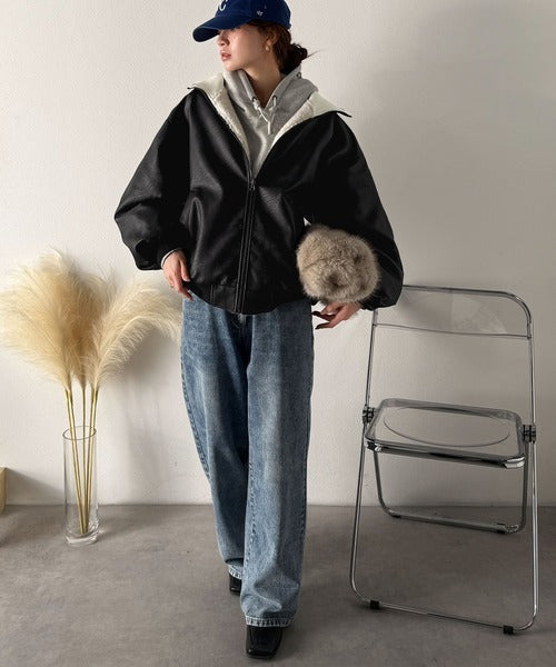 《JaVaジャバコラボ》気分に合わせて変化を楽しむ。2wayフェイクレザー×ボアリバーシブルブルゾン jv1010525