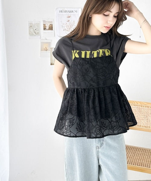 大人のレイヤードスタイル。シアー花柄刺繍オーバーキャミビスチェ ce1240035