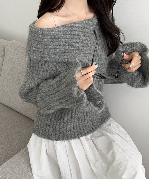 【mily bilet】ふんわり映えニット。アシメ襟２WAYオフショル袖フレアシャギーニットプルオーバー mi0789003