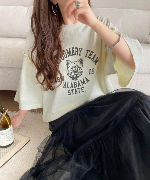 レディなヴィンテージスタイル。綿100％カレッジピグメント袖フリルTシャツ ce1020221