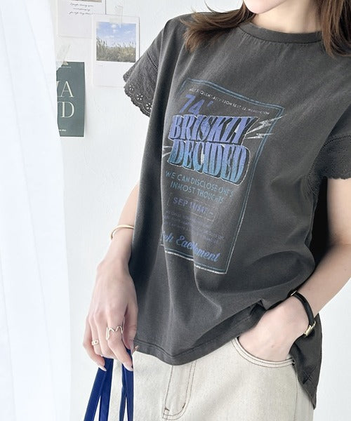 《Javaジャバコラボ》ヴィンテージライクなデザイン。綿100％袖レースピグメントロックTシャツ jv1050164