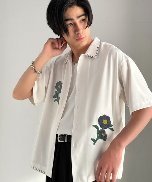 【接触冷感機能付き】サガラ刺繍フラワーステッチシャツ／Cool-Touch Fabric Sagara Embroidered Flower Stitch Shirt (半袖) co1320019