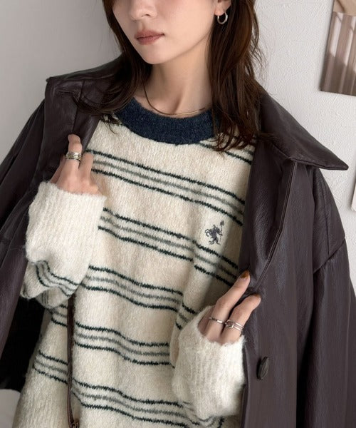 “配色”と“質感”で差をつける。胸刺繍ブークレー素材配色ボーダークルーネックニット（長袖） ce1240144