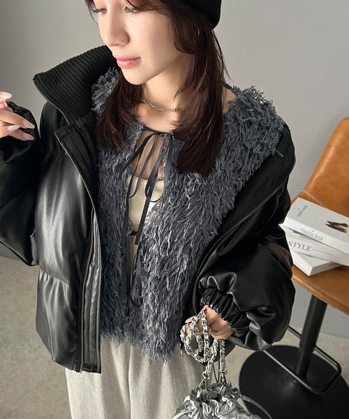 【mily bilet】大人可愛いトレンド感。フェザー前後２WAYショートリボンカーディガン mi1019056