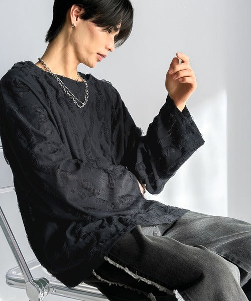 グランジを楽しむ旬スタイル。ダメージ加工ビッグシルエットジャカードカットソーTシャツ（長袖） cm1010420