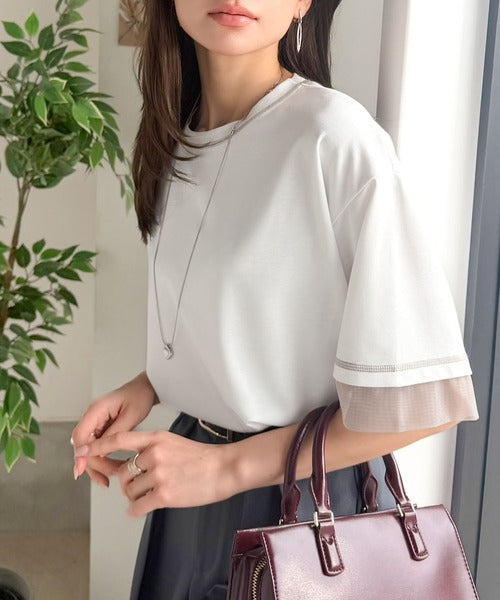 《JaVa ジャバコラボ》異素材ミックスで魅せる、大人のこなれ感。チュールドッキング配色ステッチトップス（半袖） jv1330094