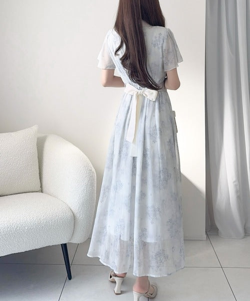 【mily bilet】夏を涼む相棒ワンピ♪水彩フラワーが上品。シアーフローラル バックリボンワンピース (長袖) (ロング) mi1139101