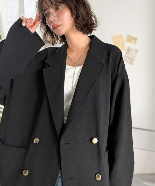【UVカット、防シワ、接触冷感、吸水速乾機能付き】さらり羽織れるライトさで、楽なのに上品見え。ビックシルエット金ボタンダブルジャケット ce1265041
